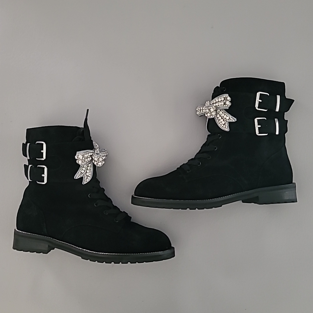 Kurt Geiger Sutton Bow Rhinestone Embellished Black Suede Combat Boot 36.5